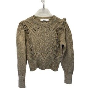 DKNY Small Fringed Cable Knit Sweater Wool Blend Truffle Heather Small